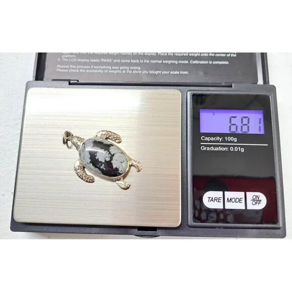 Vintage Turtle Pendant Necklace Snowflake Obsidian Stone Chain Sterling Silver - Picture 9 of 12